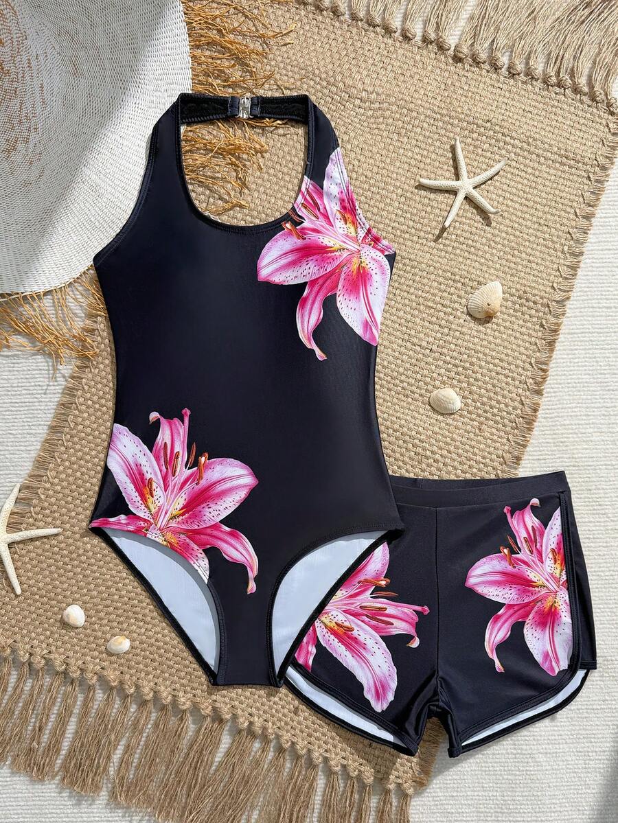 SHEIN Tween Girl Floral Print Halter One-Piece Swimsuit And Shorts, Suitable For Beach Vacation, Pool Party, Beach Party - Black - View 1