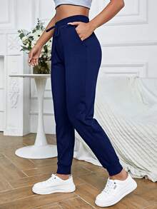 SHEIN Cheerettes Pantalones deportivos de cintura con cordón con bolsillo oblicuo - Azul Marino - Ver 6