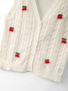 GlowEve CURVE Plus Size Elegant Cute Cherry V-Neck Sleeveless Button-Up Cardigan Vest Club Vacation White Summer - Beige - View 5