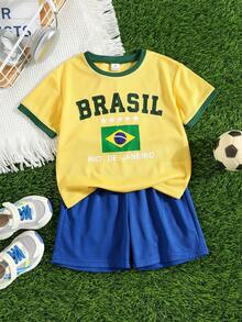 SHEIN 2pcs Kids Young Boy Summer Casual Sports Football Set Brazil Jersey Yellow Top Blue Shorts World Cup Boys Soccer Uniform Sports Outfit - Multicolor - View 4
