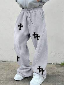 Manfinity EMRG Men's Cross Pattern Print Pocket Drawstring Waist Casual Loose Sweatpants - Grey - View 2