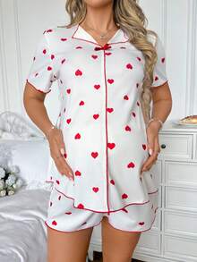 Moonlight&Mama Conjunto de ropa de estar en casa de maternidad Moonlight & Mama primavera/verano, top casual de moda con estampado de corazones, solapa y decoración de lazo & shorts con cintura ajustable - Blanco - Ver 3