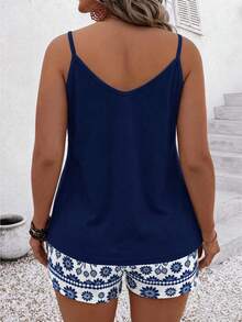 EMERY ROSE Plus Size Vacation Casual Solid Color Camisole Top And Floral Print Shorts 2-Piece Set - Multicolor - View 2