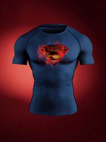 SUPERMAN X SHEIN RISE LYT Camiseta deportiva de manga corta con estampado geométrico y mangas raglán para hombre, gimnasio - azul real - Ver 3