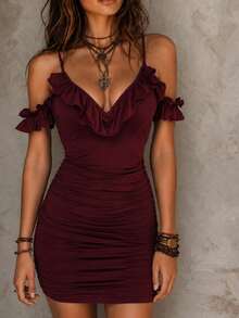 Solivie Women's Fashion Versatile Sexy Pleated Ruffle Hem Camisole Dress Club Night Burgundy Summer - Burgundy - View 3