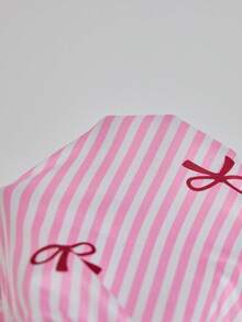 ZzzCrew Conjunto de pijama de talla grande con camisola y shorts ajustados, estampado de rayas, decoración de botones y lazo - Multicolor - Ver 8