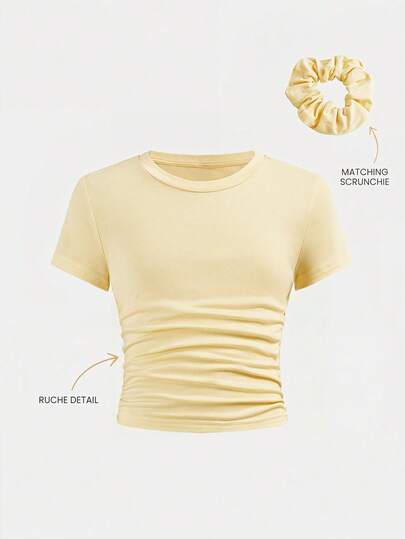 SHEIN Girlism Tween Girls' Fitted Casual Crew Neck Short Sleeve T-Shirt With Side Ruching & Hair Scrunchie