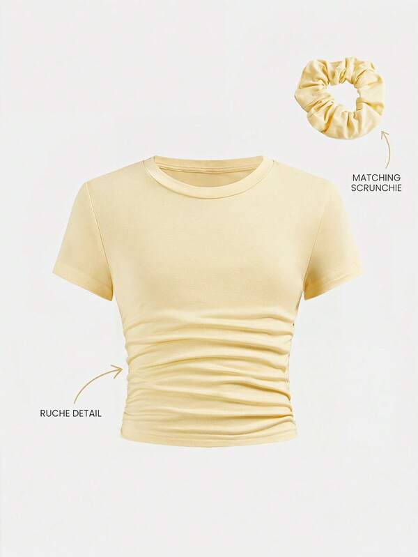 SHEIN Girlism Tween Girls' Fitted Casual Crew Neck Short Sleeve T-Shirt With Side Ruching & Hair Scrunchie