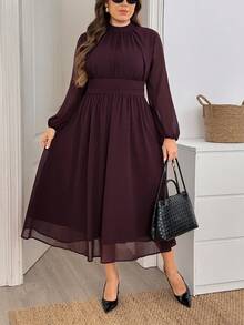 Comfylo Plus Size Elegant Commuter Solid Color Lantern Sleeve Dress Fall - Chocolate Brown - View 3