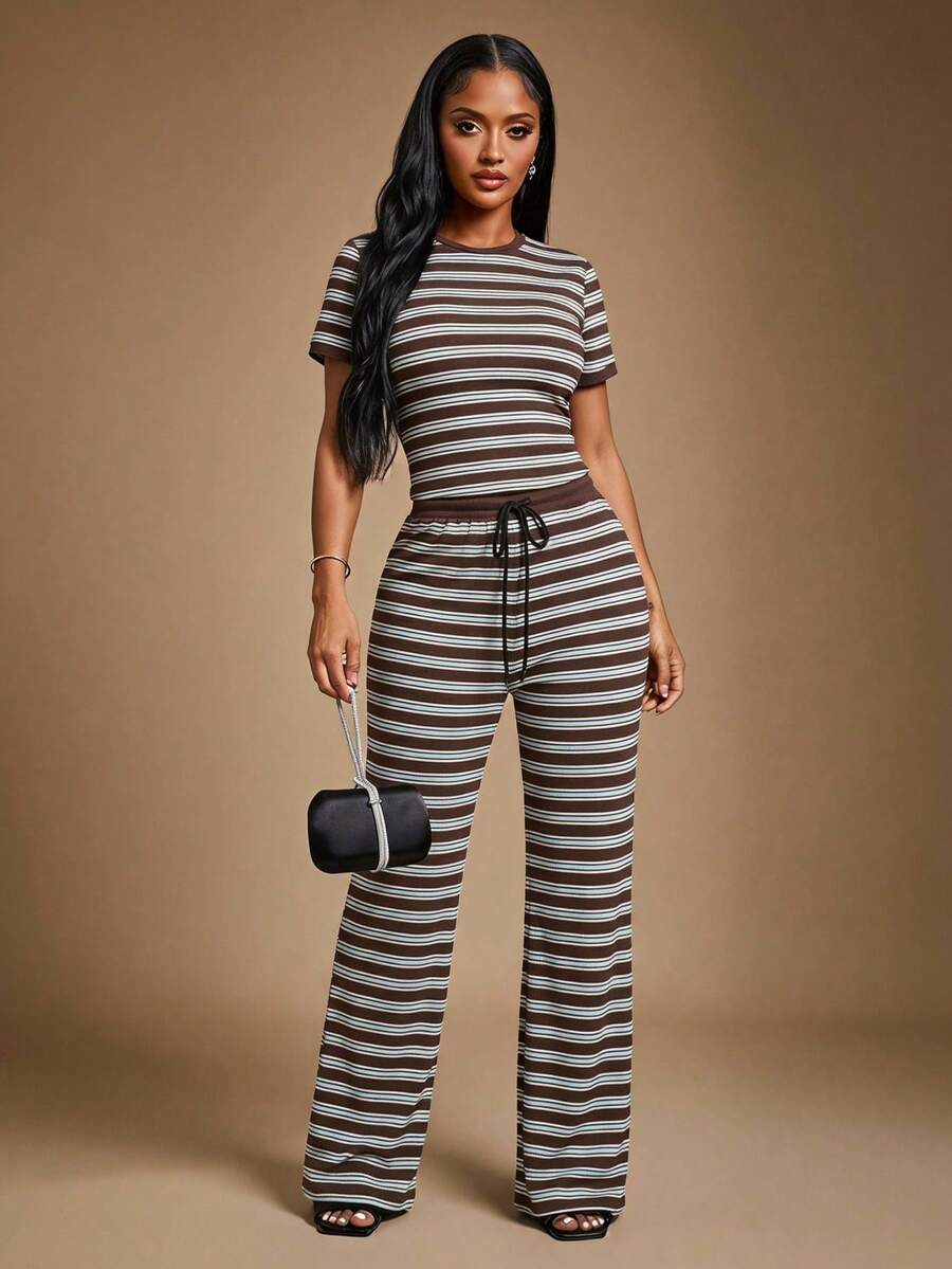 Radiana Plus-Size Women's White Striped High-Elastic Ribbed Fabric Round Neck Short-Sleeved Slim-Fit Top And Drawstring Trousers Two-Piece Set,Casual Lounge