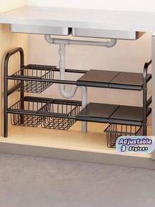 1 Juego de Estantes de Almacenamiento Retráctiles de Una y Dos Capas para Fregadero - Estante de Cesta Metálica Desmontable, Estante de Almacenamiento Multifuncional Negro Ahorrador de Espacio Adecuado para Cocina y Baño - Negro - Ver 1