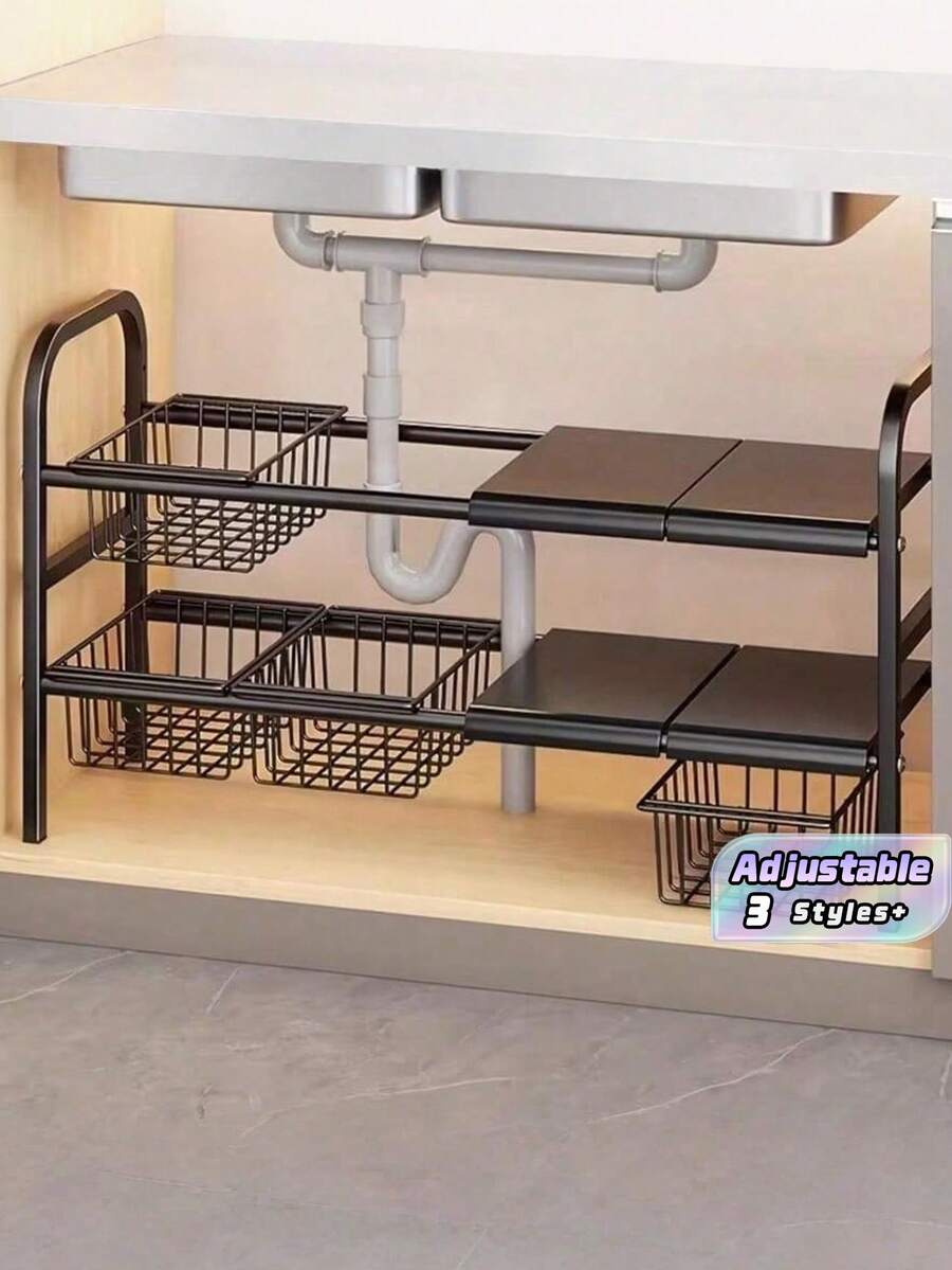 1 Juego de Estantes de Almacenamiento Retráctiles de Una y Dos Capas para Fregadero - Estante de Cesta Metálica Desmontable, Estante de Almacenamiento Multifuncional Negro Ahorrador de Espacio Adecuado para Cocina y Baño - Negro - Ver 1
