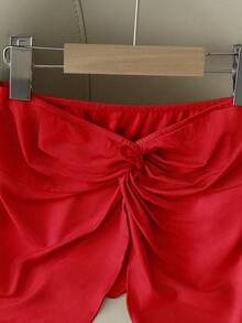 GlowEve Blus Satin Tanpa Tali dengan Detail Simpul untuk Wanita, Elegan untuk Sehari-hari, Liburan, Jalan-jalan, Pesta, Musim Semi/Panas, Warna Merah - Merah - View 6