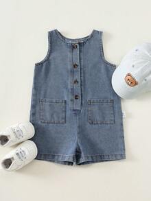 SHEIN Baby Boy/Girl Summer Casual Denim Romper, Cute Romper - Multicolor - View 7