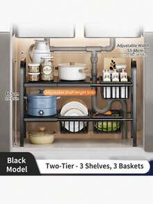 1 Juego de Estantes de Almacenamiento Retráctiles de Una y Dos Capas para Fregadero - Estante de Cesta Metálica Desmontable, Estante de Almacenamiento Multifuncional Negro Ahorrador de Espacio Adecuado para Cocina y Baño - Negro - Ver 12