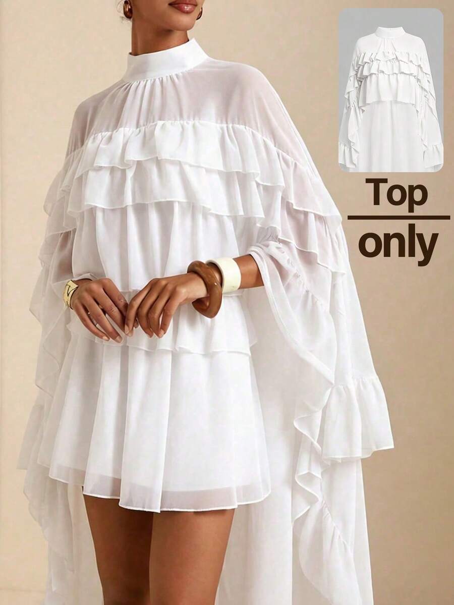 SHEIN Veneréa Women's Solid Color Stand Collar Ruffle Hem Cape Design Versatile Daily Wear Shirt - White - View 1