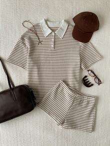 Comfortcana Women's Blue And White Stripe Polo Collar Short Sleeve T-Shirt And Shorts Casual Two Pieces Set Back-To-School School Summer Everyday - Khaki - View 6