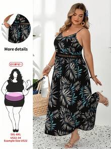 SHEIN CURVE+ Plus Size Women's Summer Beach Vacation Tropical Print Contrast Lace Spaghetti Strap Dress, Summer Dresses For Women - Multicolor - View 1