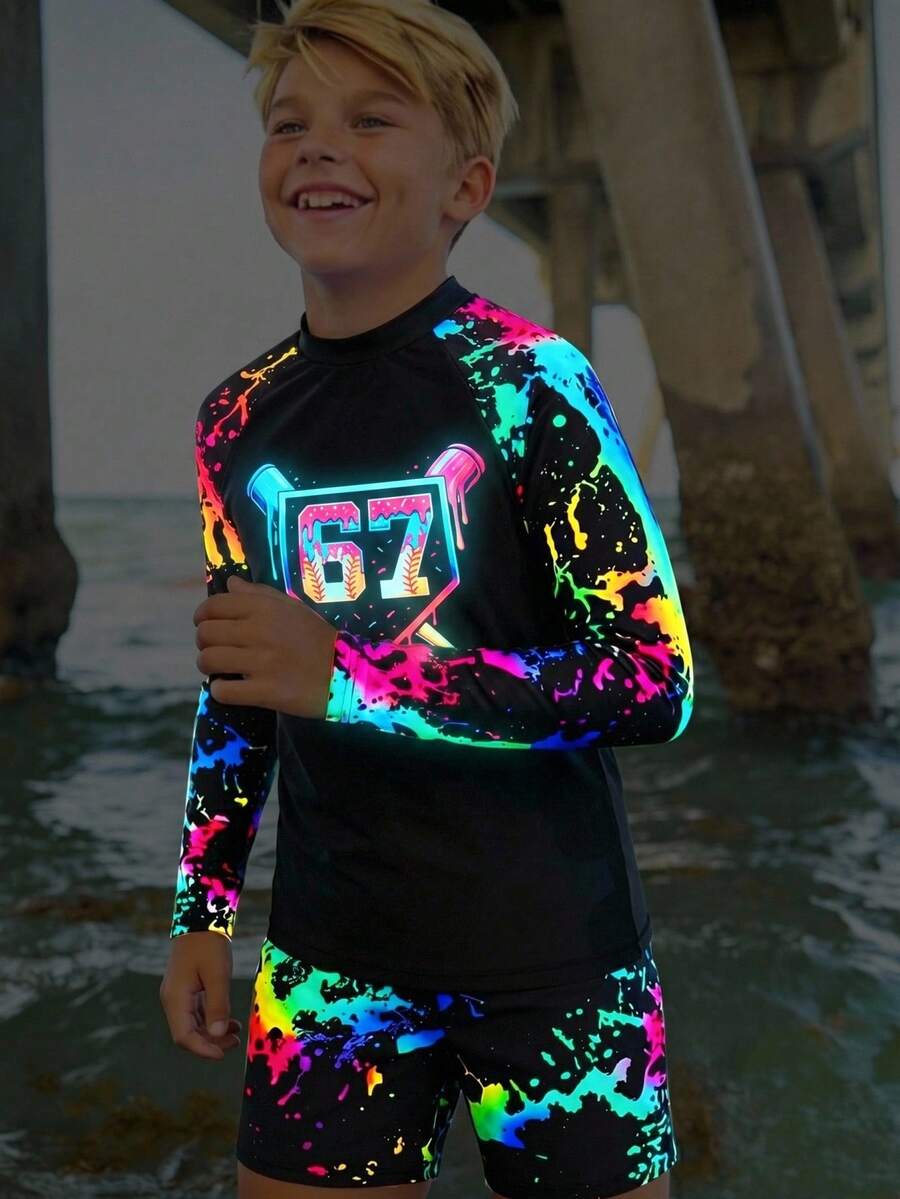 SHEIN Conjunto de tankini de 2 piezas informal y ajustado con estampado fosforescente de videojuegos para niño preadolescente, adecuado para primavera/verano, vacaciones en la playa - Multicolor - Ver 1