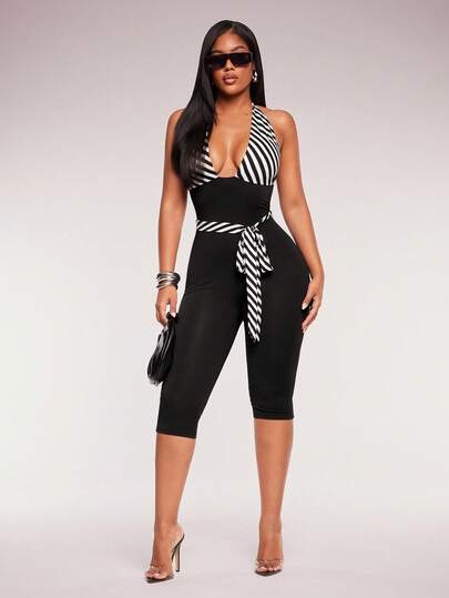 Radiana Women's Striped Deep V-Neck Sexy Halter Neck 3/4 Sleeve Fitted Jumpsuit