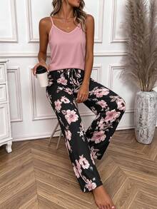 EMERY ROSE Women's Solid Color Camisole Top And Floral Print Long Pants Casual 2-Piece Set - White - View 3