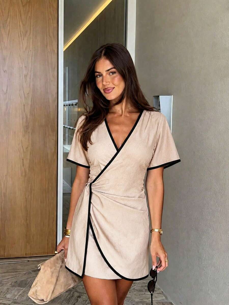 Siren Gaze Summer Women Tie Waist Hem Mini Dress With Short Piping Black Sleeves Y2k Boho Vacation Holiday Cinched Waist Peplum Elegant Beige Fitted V-Neck