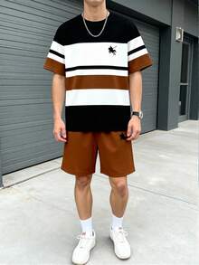 SHEIN 青少年男孩數位條紋與馬匹圖案短袖襯衫與短褲套裝，春/夏休閒舒適時尚風格，適合出遊、戶外運動、戶外野餐、街拍、度假風格、假日、禮物用途夏季穿搭 - 彩色 - 查看 8