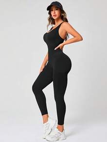 SHEIN Sports 交叉露背纯色运动连体裤 - 黑色 - 查看 5