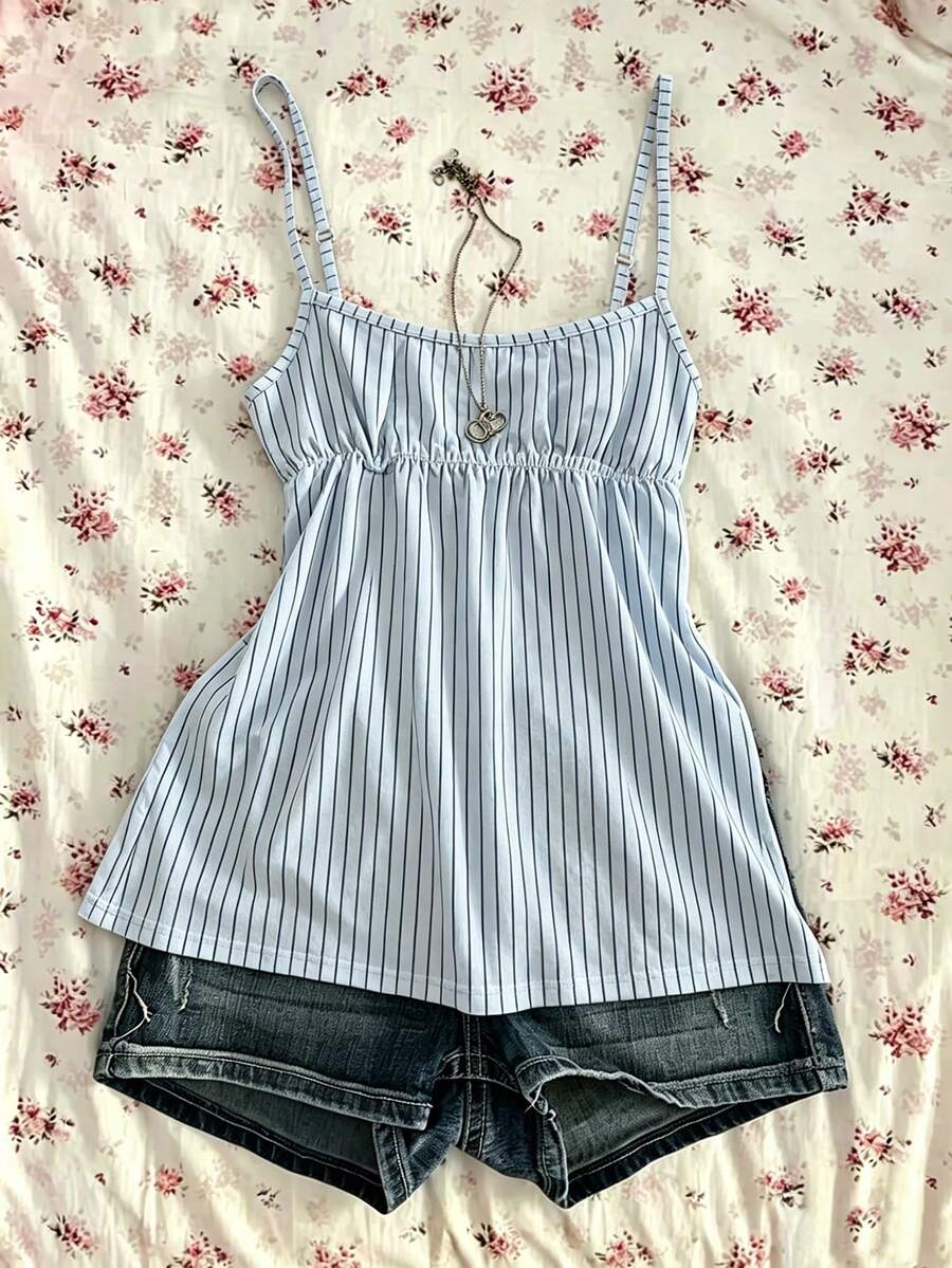 IslaSuriya Summer Casual Retro Y2K Striped Women's Camisole Tank Top - Blue - View 1