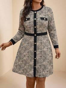 Zelara Plus Size Women Metal Button Design Round Neck Long Sleeve Elegant Dress - Multicolor - View 1