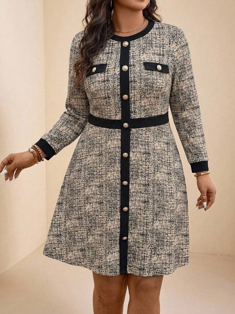Zelara Plus Size Women Metal Button Design Round Neck Long Sleeve Elegant Dress - Multicolor - View 1