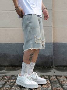 Manfinity EMRG Quần short denim Bermuda dáng rộng, viền thô, có túi dành cho nam, quần short jean rách dành cho nam - Rửa nhẹ - Xem 6