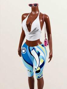 Mistrie Pantalones cortos de mujer para uso diario casual, de verano, deportivos, con estampado geométrico multicolor, cintura baja elástica, control de abdomen, levantamiento de glúteos y efecto adelgazante - Multicolor - Ver 3