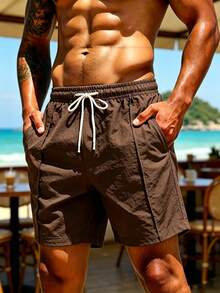 Manfinity KASUA Men's Plus Size Solid Color Drawstring Waist Casual Vacation Beach Shorts - Coffee Brown - View 6