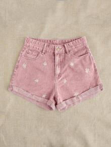 SHEIN Essnce 大码女式休闲宽松舒适粉色刺绣牛仔短裤 - 粉色 - 查看 1