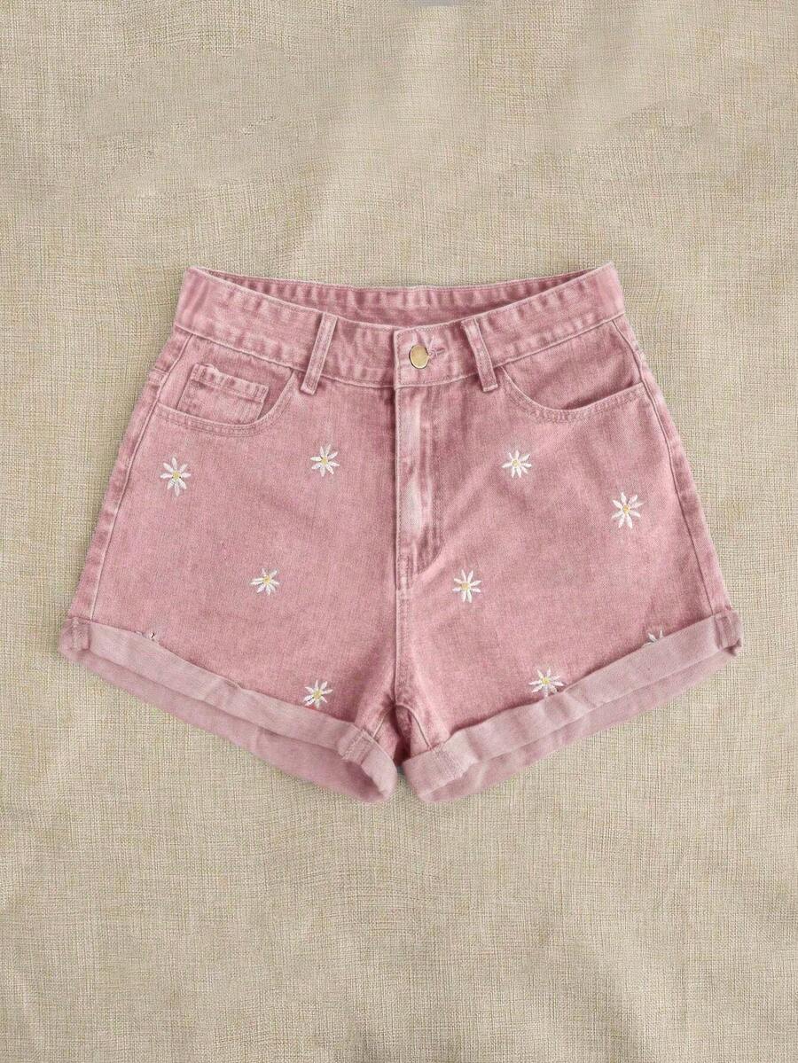 SHEIN Essnce 大码女式休闲宽松舒适粉色刺绣牛仔短裤 - 粉色 - 查看 1