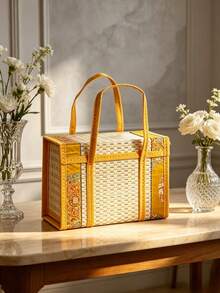 1Pc Foldable Camp Storage Basket Woven From Bamboo, Batik Cloth Covered, Picnic Basket, Rural Style. - yellow and white - View 7