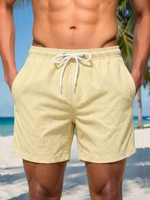 Manfinity KASUA Men's Solid Color Beach Shorts, Fashionable For Summer, Holiday - Yellow - View 1