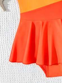 SHEIN Young Girl Color Block Spaghetti Strap One-Piece Swimsuit, Suitable For Beach Vacation, Pool Party, Beach Party - Orange - View 5
