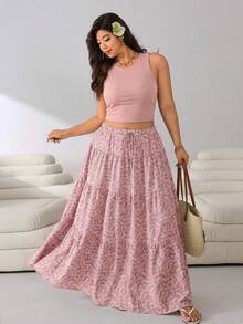 Solflare Casual Light Pink Dusty Pink Plus Size Women's Round Neck Tank Top And Ditsy Floral Skirt 2-Piece Set Beach Vacation Summer - Pink - View 3