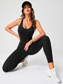 SHEIN Sports 交叉露背纯色运动连体裤 - 黑色 - 查看 4