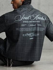 AXEPEAK Men's Summer Casual Plaid Slogan Print Shirt - Black - View 8