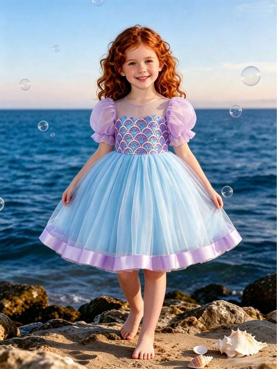 Glamorique Kids 女童魚鱗亮片泡泡袖優雅公主洋裝 - 藍色 - 查看 1