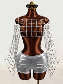 Mistrie Women's Sexy Techno Party Club Rave Top, Women's Rhinestone Party Top Silver Summer - Silver - View 8