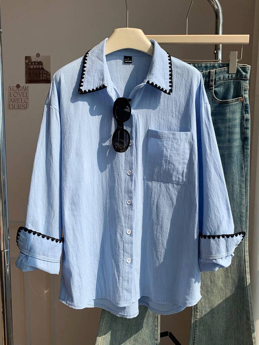 Comfortcana 蓝色休闲女式长袖单排扣口袋衬衫 - 藍色 - 查看 1