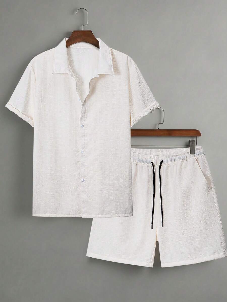 Manfinity Homme Summer Men's Lightweight Textured White Button-Up Top And Adjustable Shorts Matching Shorts Vacation Off-White Summer - Beige - View 1