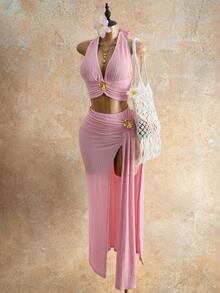 Mistrie Women's Solid Color 3D Metal Flower Decor Halter Neck V-Neck Top And Slit Bodycon Fitted Skirt 2-Piece Set Beach Party Pink Summer Sexy - Baby Pink - View 5