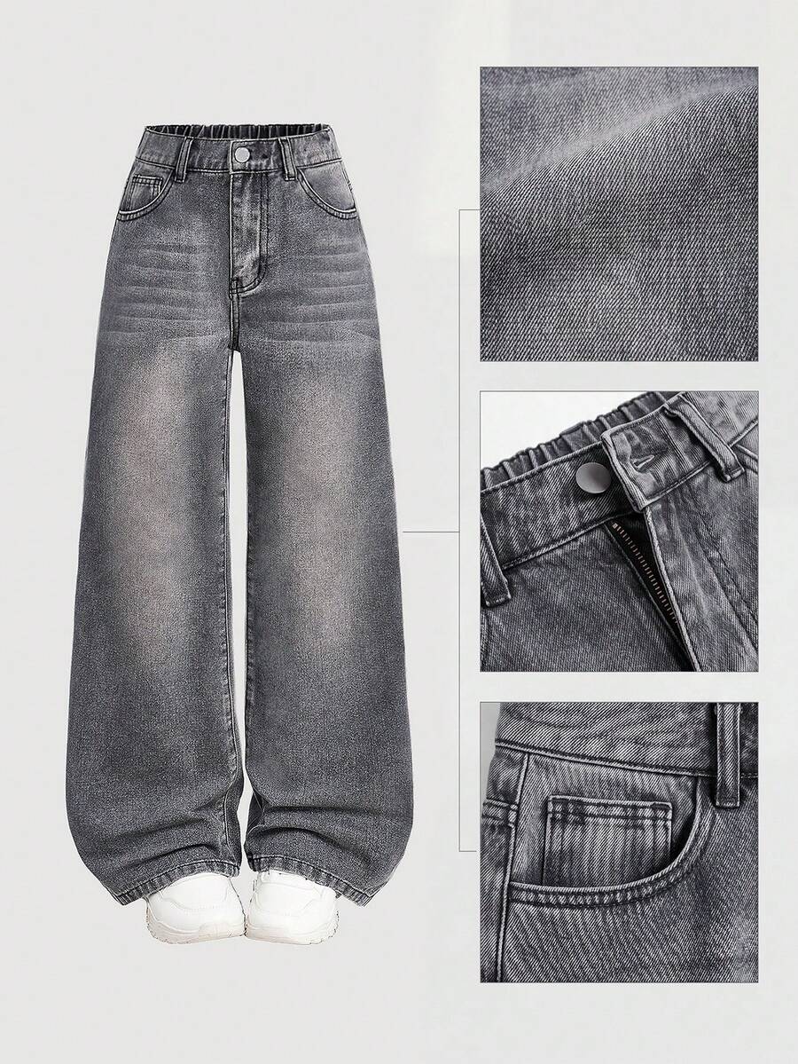 SHEIN Girlism Jeans ampi a vita alta con effetto lavato e graffi a forma di baffi di gatto, stile Y2K retrò per ragazze pre-adolescenti, abbigliamento casual per l'autunno/inverno e il ritorno a scuola - Grigio - Visualizzare 1
