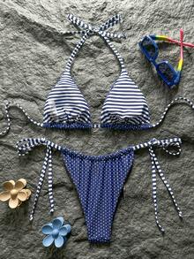 Swim Mod 女士两件套热带可爱多色条纹波点印花挂脖三角上衣和系带比基尼套装，性感沙滩度假休闲优雅泳装，适合情人节派对 - 彩色 - 查看 2