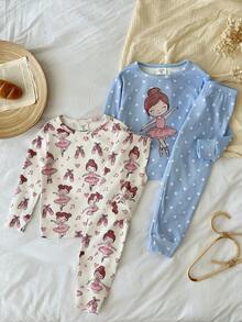 SHEIN LMoss Kids 女童針織可愛女孩圖案圓領T恤+長褲修身居家服4件套，磨毛加厚面料，適合秋冬 - 彩色 - 查看 4